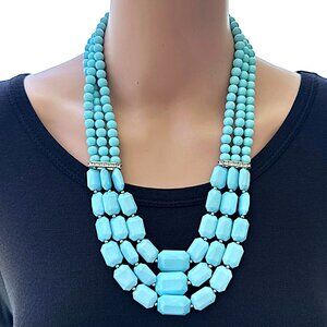 Triple Strand Beaded Necklace Blue Silver Tone Chunky Statement